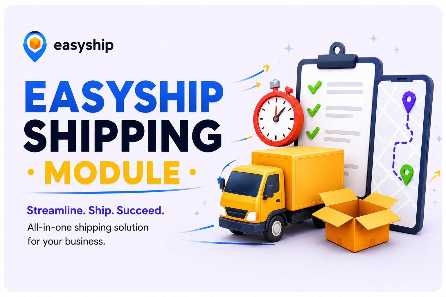 Easyship module illustration with parcel, delivery route, and shipment checklist
